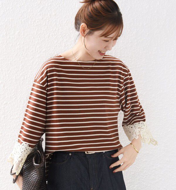 SHIPS for women「〈手洗い可能〉ボーダー 袖 レース ワイド プルオーバー」|Tシャツ・カットソー|