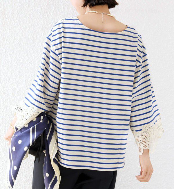 SHIPS for women「〈手洗い可能〉ボーダー 袖 レース ワイド プルオーバー」|Tシャツ・カットソー|