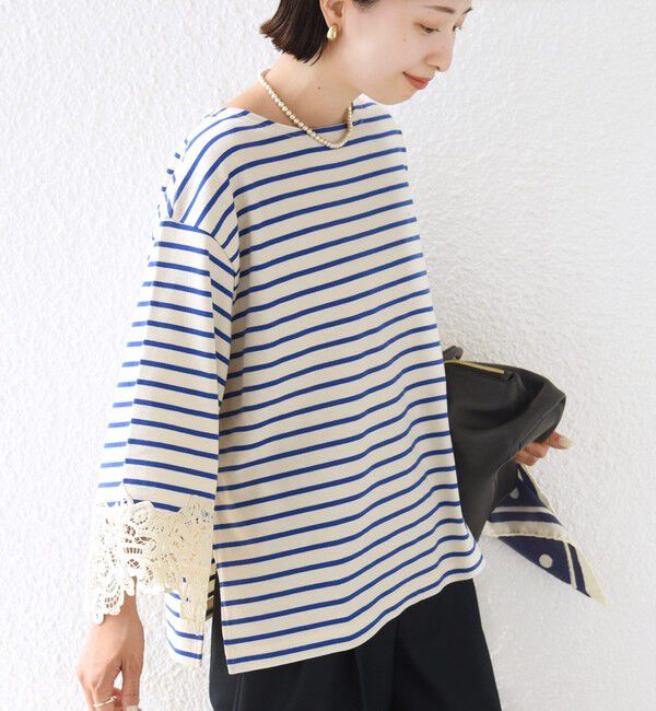 SHIPS for women「〈手洗い可能〉ボーダー 袖 レース ワイド プルオーバー」|Tシャツ・カットソー|