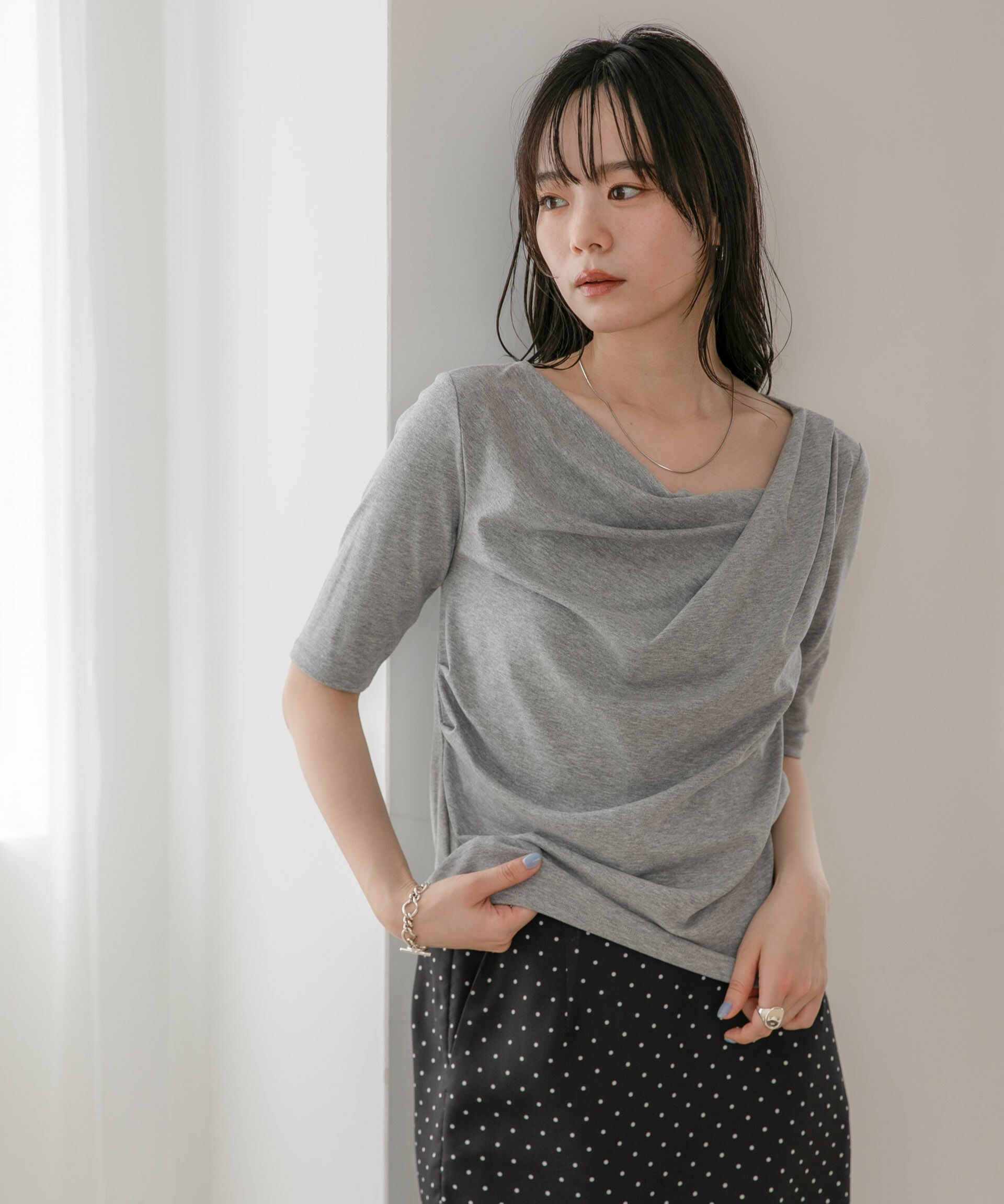 NANO universe「WEB限定/タックアシメフライスカットデザイントップス」|Tシャツ・カットソー|グレー