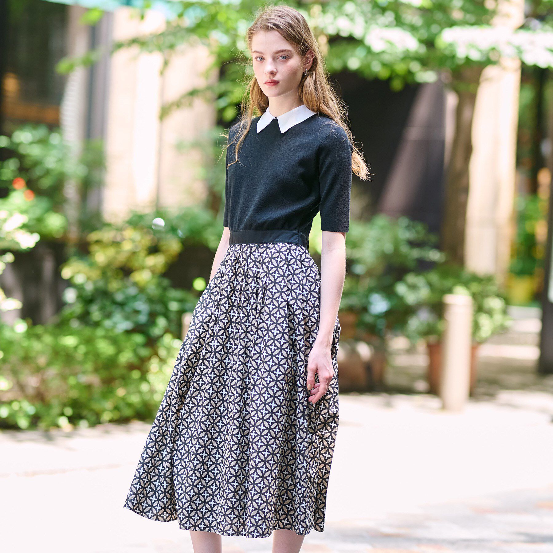 DRESSTERIOR「【ウォッシャブル】オーバーラップバイカラーニットコンビワンピース」|ワンピース|