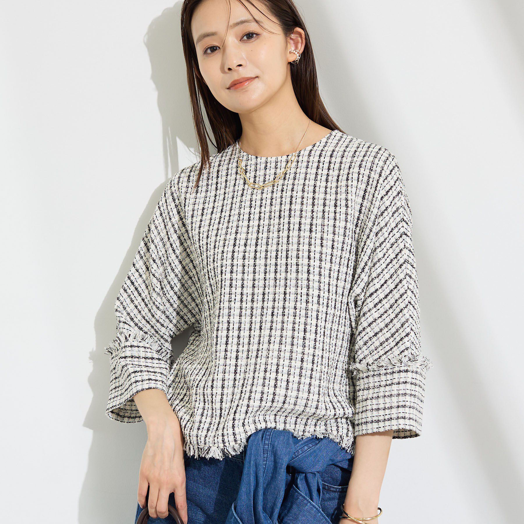 INDIVI「【華やか／1枚でサマになる】上品ツイードブラウス」|シャツ・ブラウス|