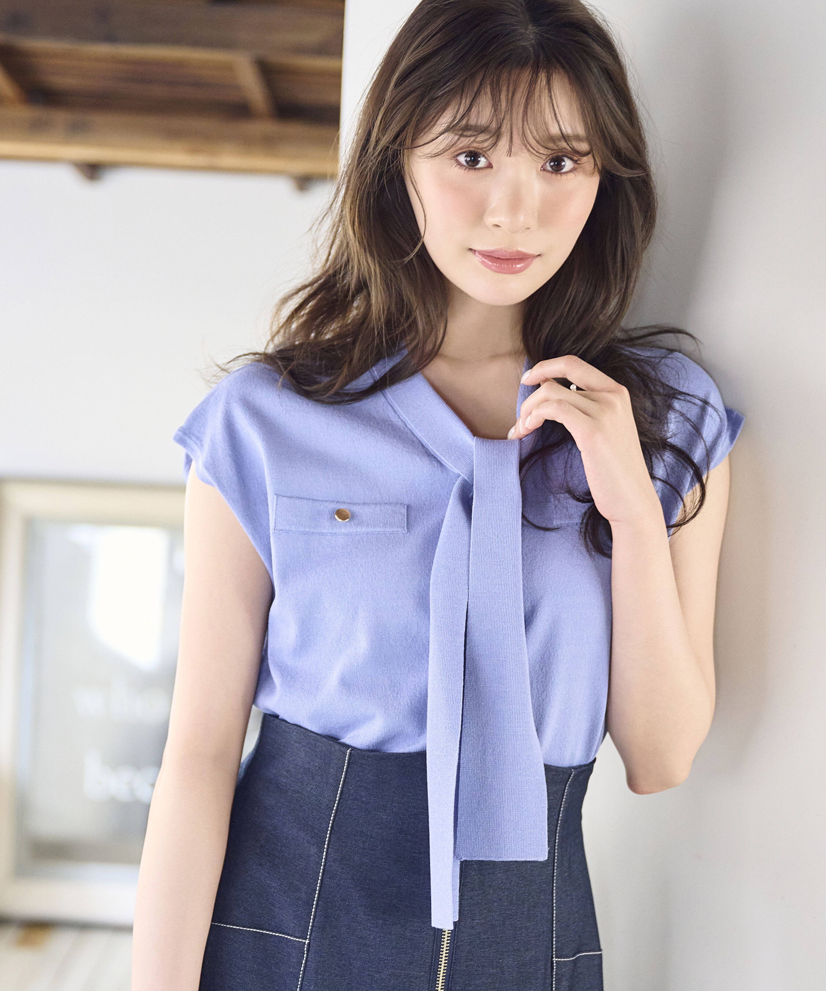 PROPORTION BODY DRESSING「＜中川紅葉さん着用＞Vネックタイ付きニット」|ニット・セーター|ブルー