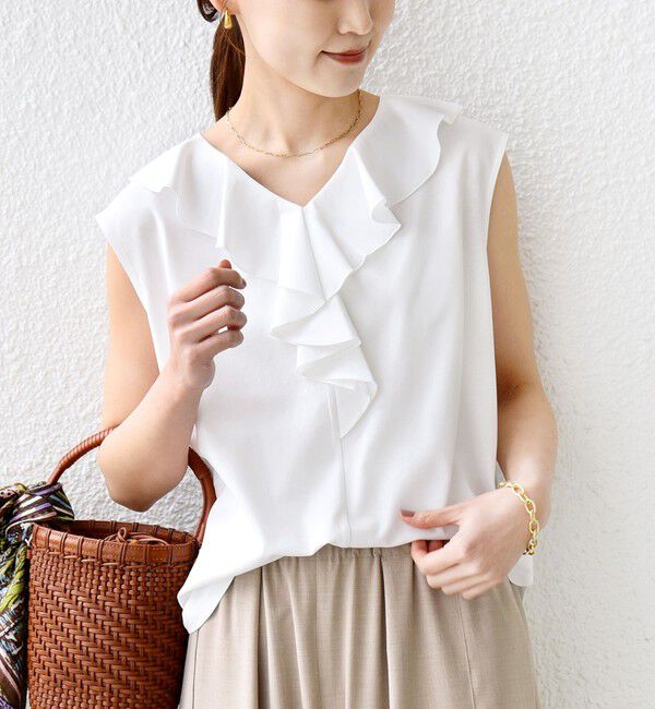 SHIPS for women「【WEB限定】〈接触冷感/吸水速乾/洗濯機可能〉ハイゲージ ポンチ フリル カットソー」|Tシャツ・カットソー|ホワイト