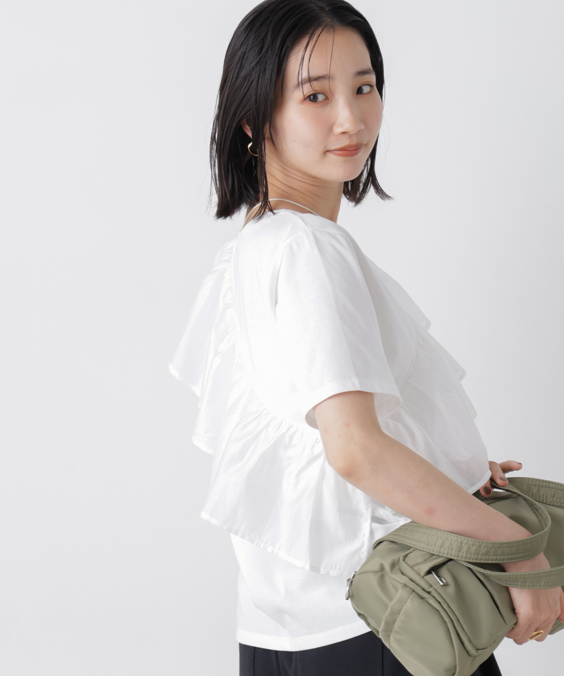 nano･universe「アシンメトリーフリル異素材コンビTシャツ」|Tシャツ・カットソー|