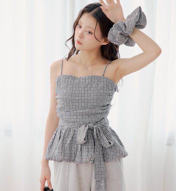  「【セットアイテム】ギンガムバルーンペプラムトップス+シュシュセット」|シャツ・ブラウス|