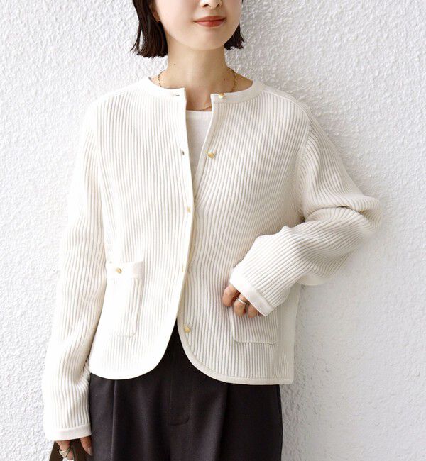 SHIPS for women「《一部追加予約》〈手洗い可能〉モール リブ クルーネック カーディガン」|カーディガン|オフホワイト