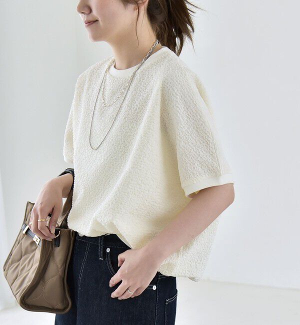 quaranciel「quaranciel:〈洗濯機可能〉カットジャカード ルーズ フレンチスリーブ プルオーバー」|Tシャツ・カットソー|