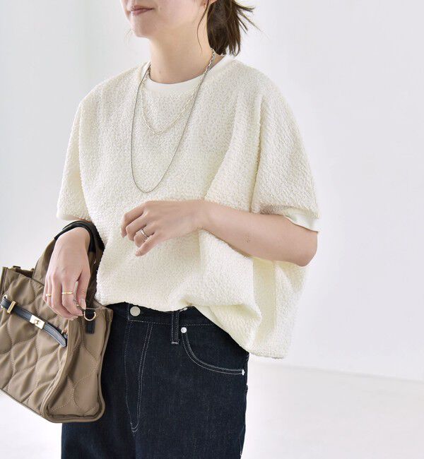 quaranciel「quaranciel:〈洗濯機可能〉カットジャカード ルーズ フレンチスリーブ プルオーバー」|Tシャツ・カットソー|
