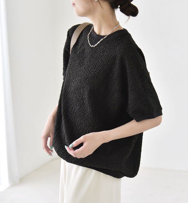 quaranciel「quaranciel:〈洗濯機可能〉カットジャカード ルーズ フレンチスリーブ プルオーバー」|Tシャツ・カットソー|ブラック
