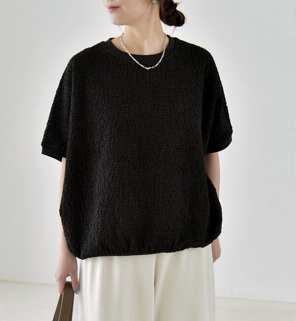 quaranciel「quaranciel:〈洗濯機可能〉カットジャカード ルーズ フレンチスリーブ プルオーバー」|Tシャツ・カットソー|
