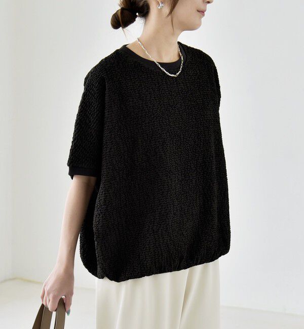 quaranciel「quaranciel:〈洗濯機可能〉カットジャカード ルーズ フレンチスリーブ プルオーバー」|Tシャツ・カットソー|