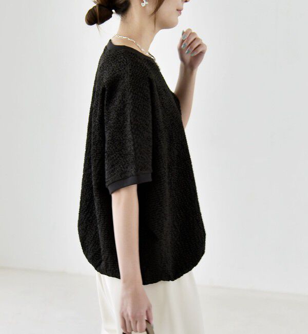 quaranciel「quaranciel:〈洗濯機可能〉カットジャカード ルーズ フレンチスリーブ プルオーバー」|Tシャツ・カットソー|