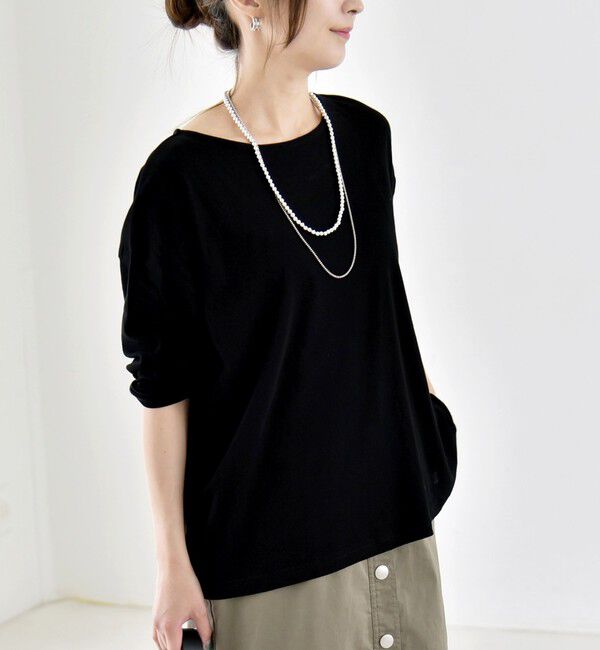 quaranciel「quaranciel:〈手洗い可能〉シアー コットン ボートネック ルーズ ロンTEE」|Tシャツ・カットソー|ブラック