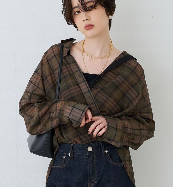 Rouge vif「P/R強撚シアーチェック2WAYシャツ/カシュクールシャツ」|シャツ・ブラウス|グリーン