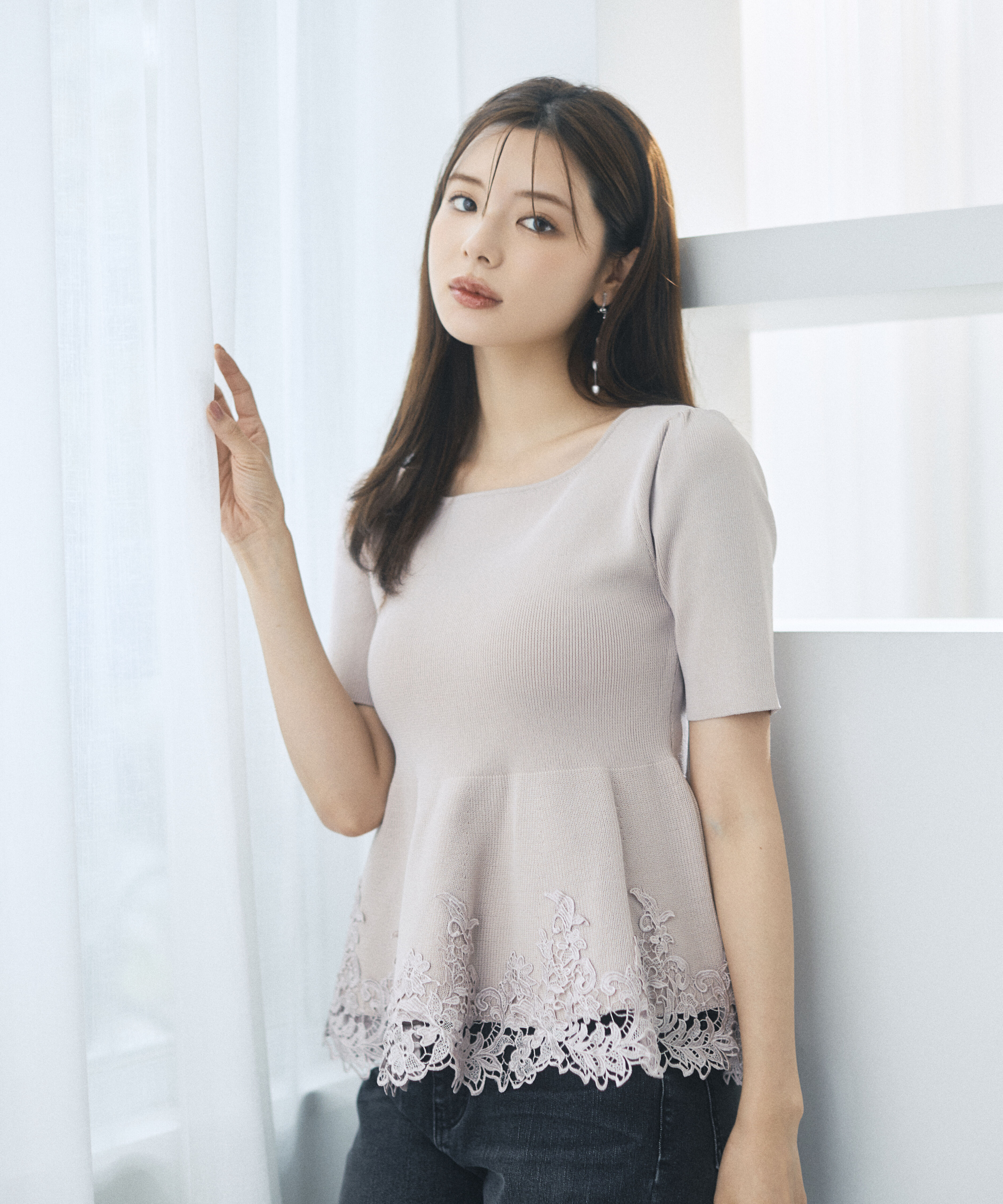 PROPORTION BODY DRESSING「レーストリムペプラムニット」|ニット・セーター|ピンク