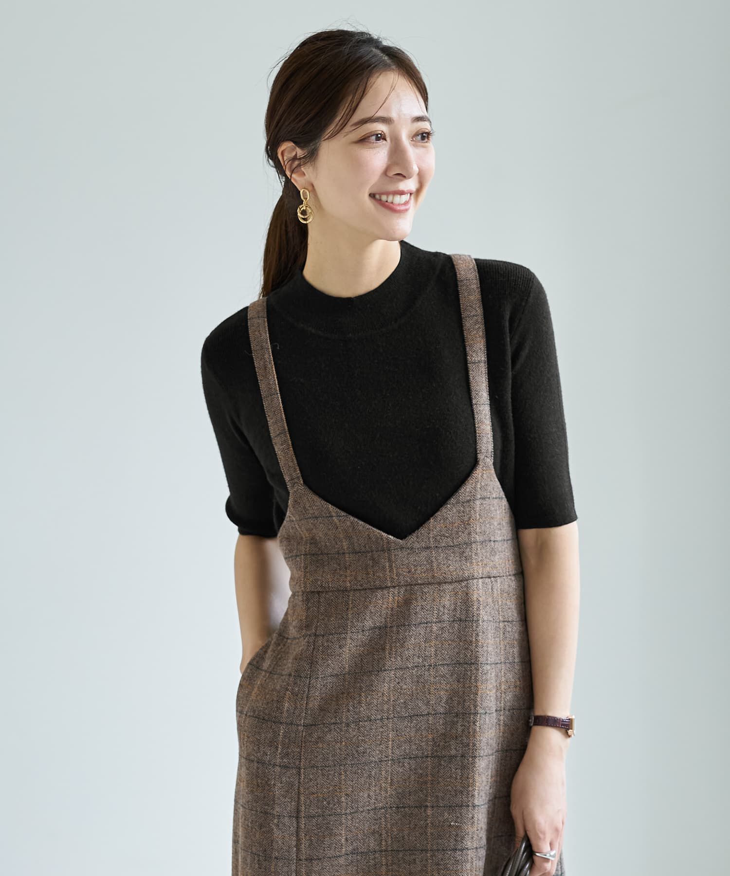 STYLE DELI「ソフトタッチ◆５分袖ハイネックトップス」|ニット・セーター|ブラック