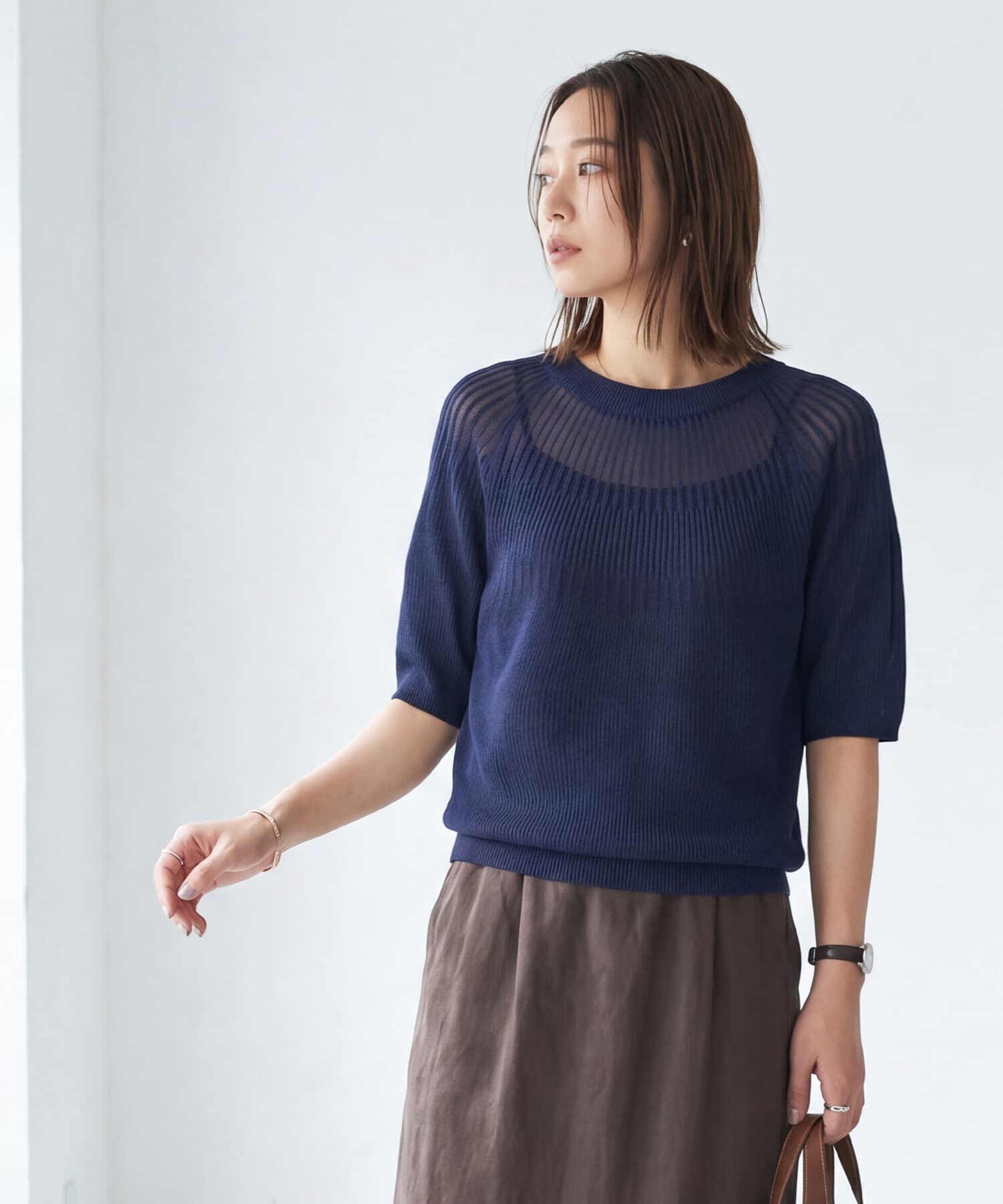 STYLE DELI「デコルテシアー５分袖シャリ感ニットトップス」|ニット・セーター|ネイビー