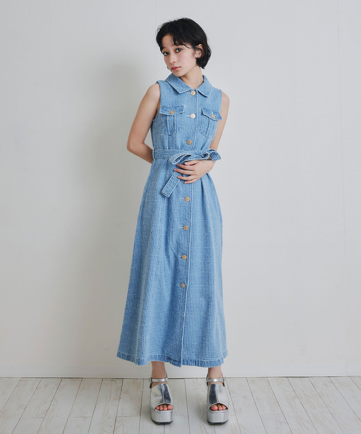 REDYAZEL「レーザーカットデニムロングシャツワンピース」|ワンピース|