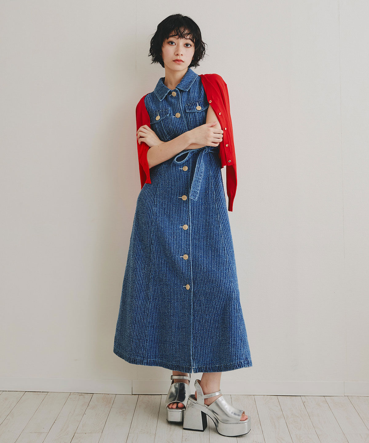 REDYAZEL「レーザーカットデニムロングシャツワンピース」|ワンピース|
