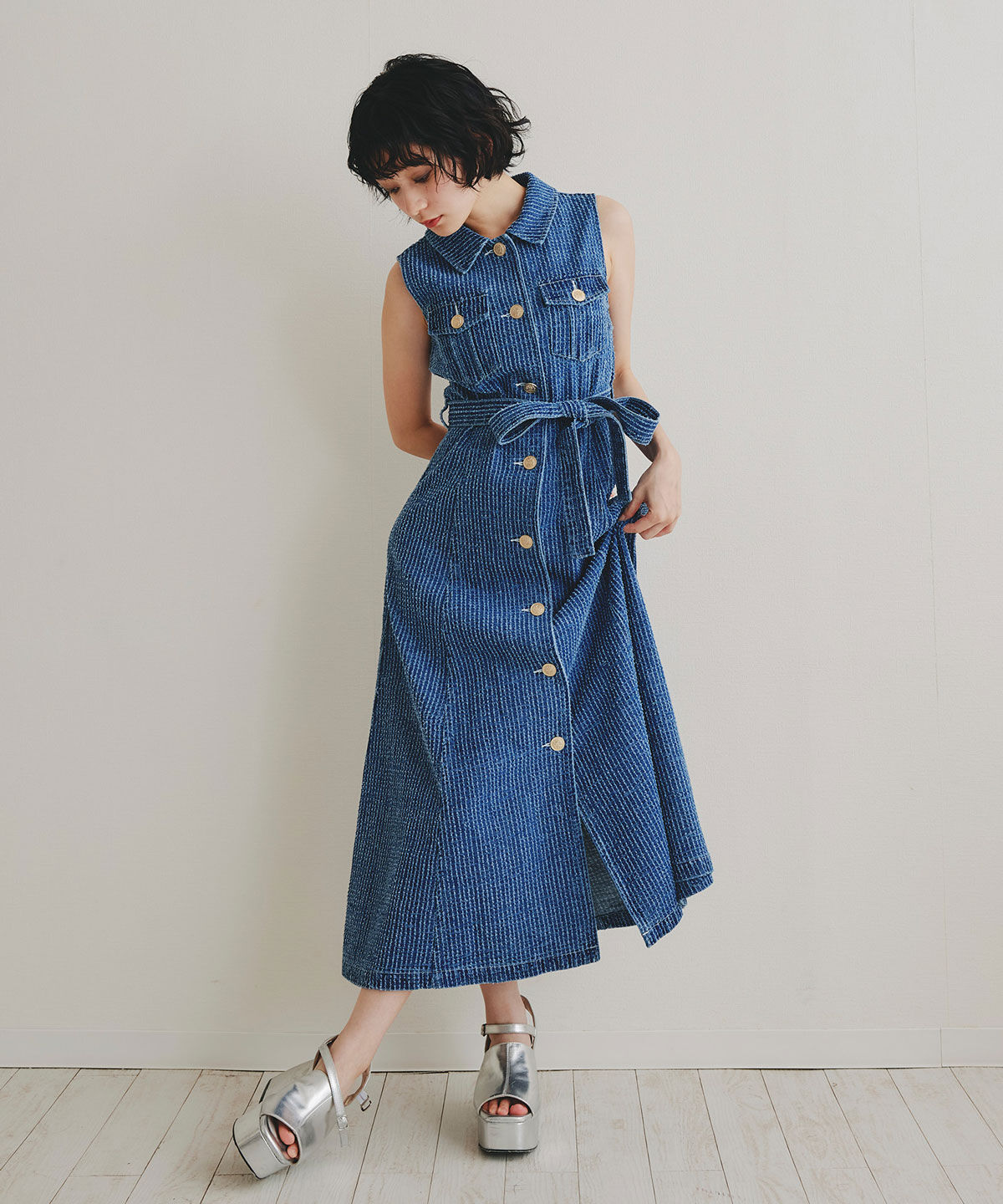 REDYAZEL「レーザーカットデニムロングシャツワンピース」|ワンピース|