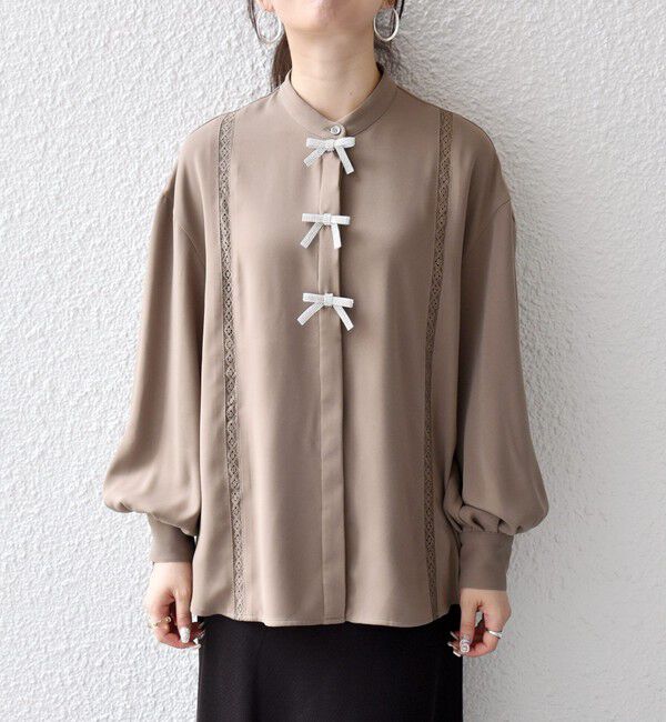 SHIPS any「《予約》〈手洗い可能〉リボン モチーフ スタンドカラー シャツ ブラウス［NAVY BLUE］」|シャツ・ブラウス|