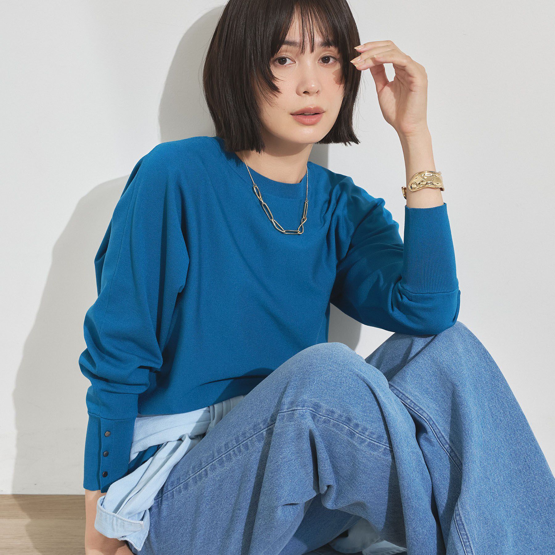 INDIVI「【選べる6色／ストレッチ◎】きれいめドルマンスリーブニット」|ニット・セーター|ブルー(093)
