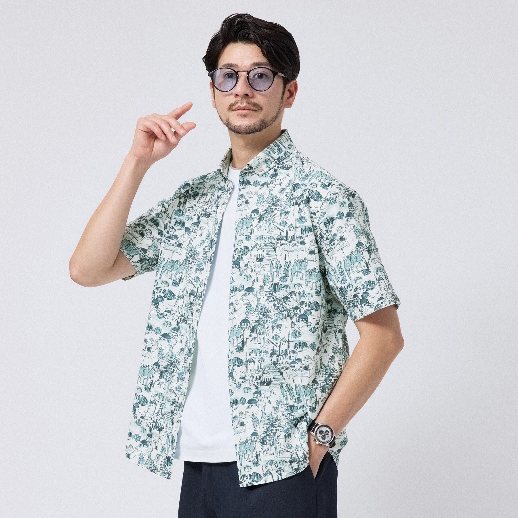 TAKEO KIKUCHI「【日本製】DotAir（R）リゾートプリント半袖シャツ」|シャツ・ブラウス|ブルーグリーン(19