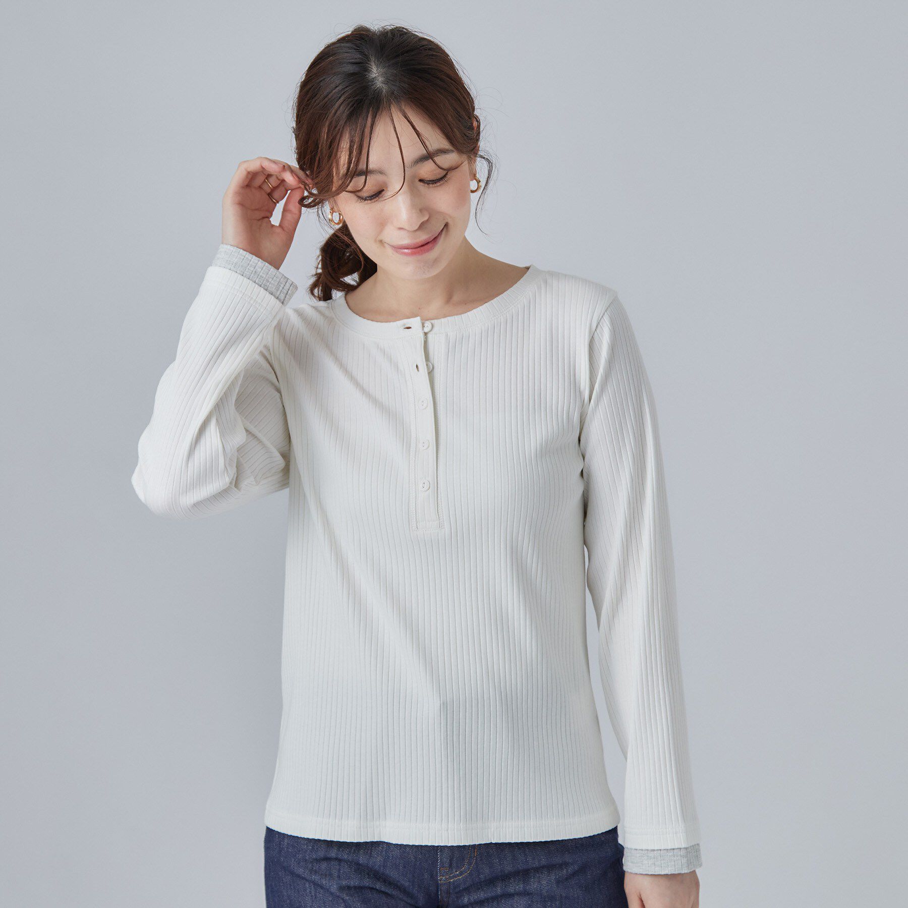 SHOO･LA･RUE「【洗濯機可/S-LL】縦ラインですっきり お袖配色リブトップス」|Tシャツ・カットソー|