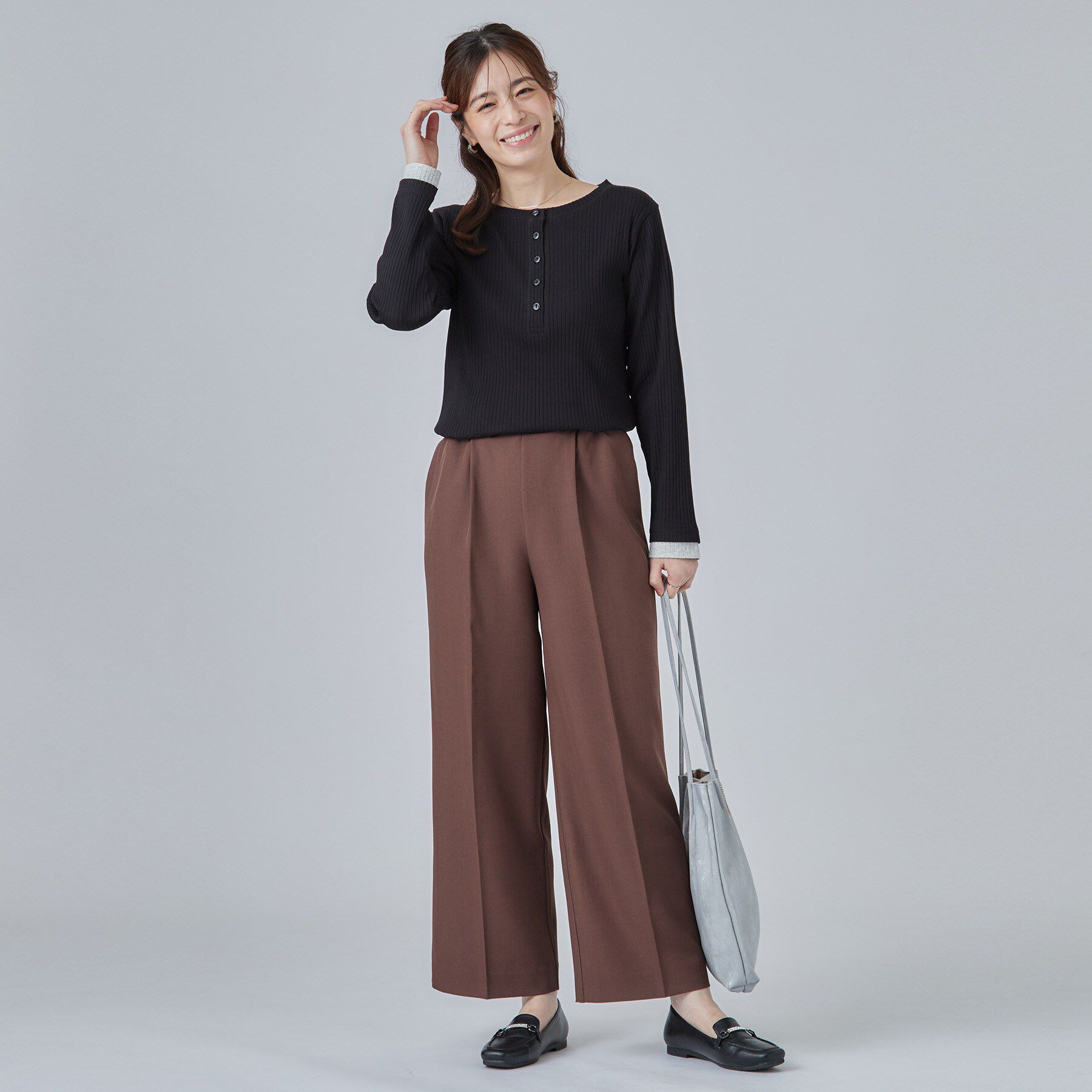 SHOO･LA･RUE「【洗濯機可/S-LL】縦ラインですっきり お袖配色リブトップス」|Tシャツ・カットソー|