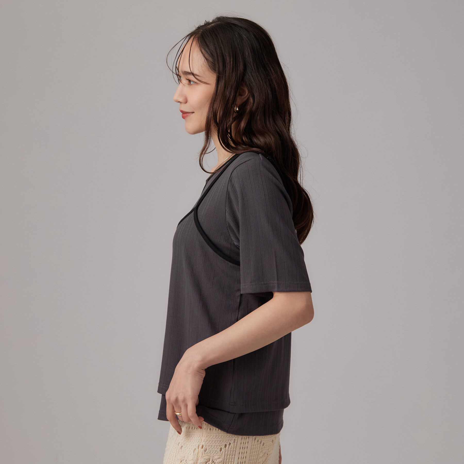 SHOO･LA･RUE「【2点セット】ランダムテレコで細見え  配色使いTシャツ+キャミソール」|その他|