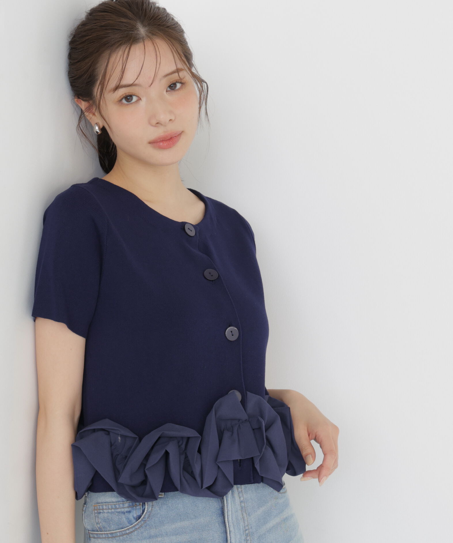 PROPORTION BODY DRESSING「＜中川紅葉さん着用＞〈a/mie〉半袖ホイップヘムカーディガン」|カーディガン|ネイビー