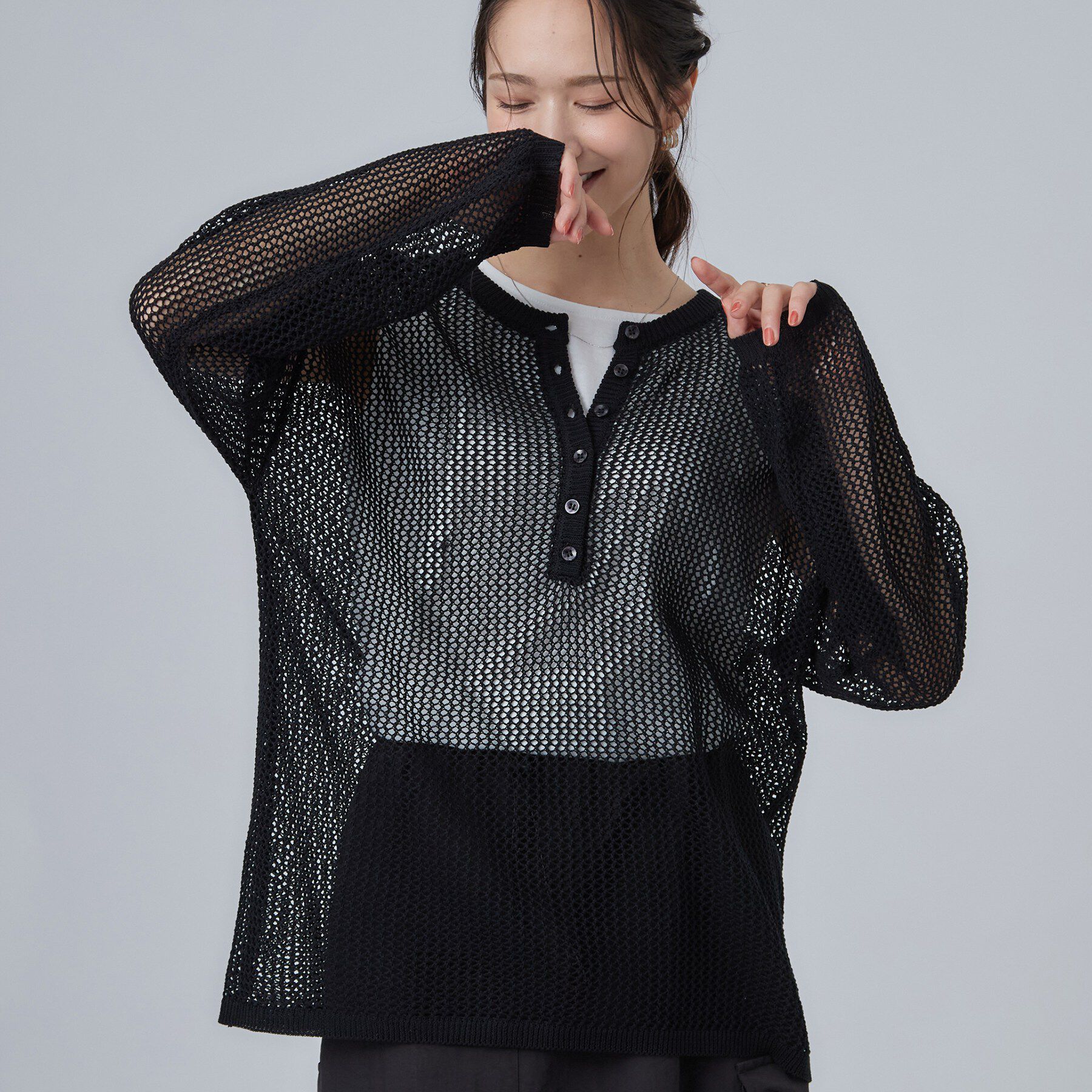 SHOO･LA･RUE「【2点セット/洗濯機可/S-LL】ヘンリーネックメッシュニット+タンクトップセット」|その他|ブラック(019)