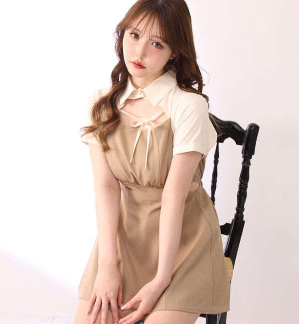  「サイドカット異素材ミニワンピース」|ワンピース|