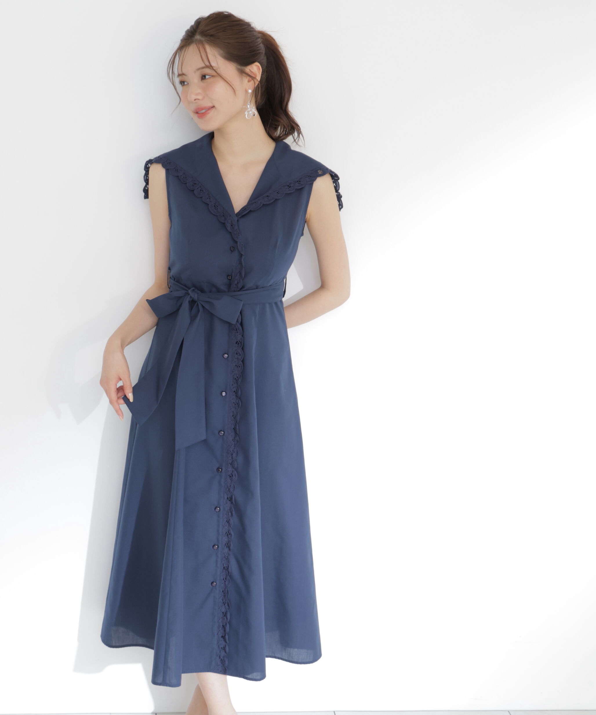 PROPORTION BODY DRESSING「＜中川紅葉さん着用＞セーラーカラーレーストリムワンピース」|ワンピース|ネイビー