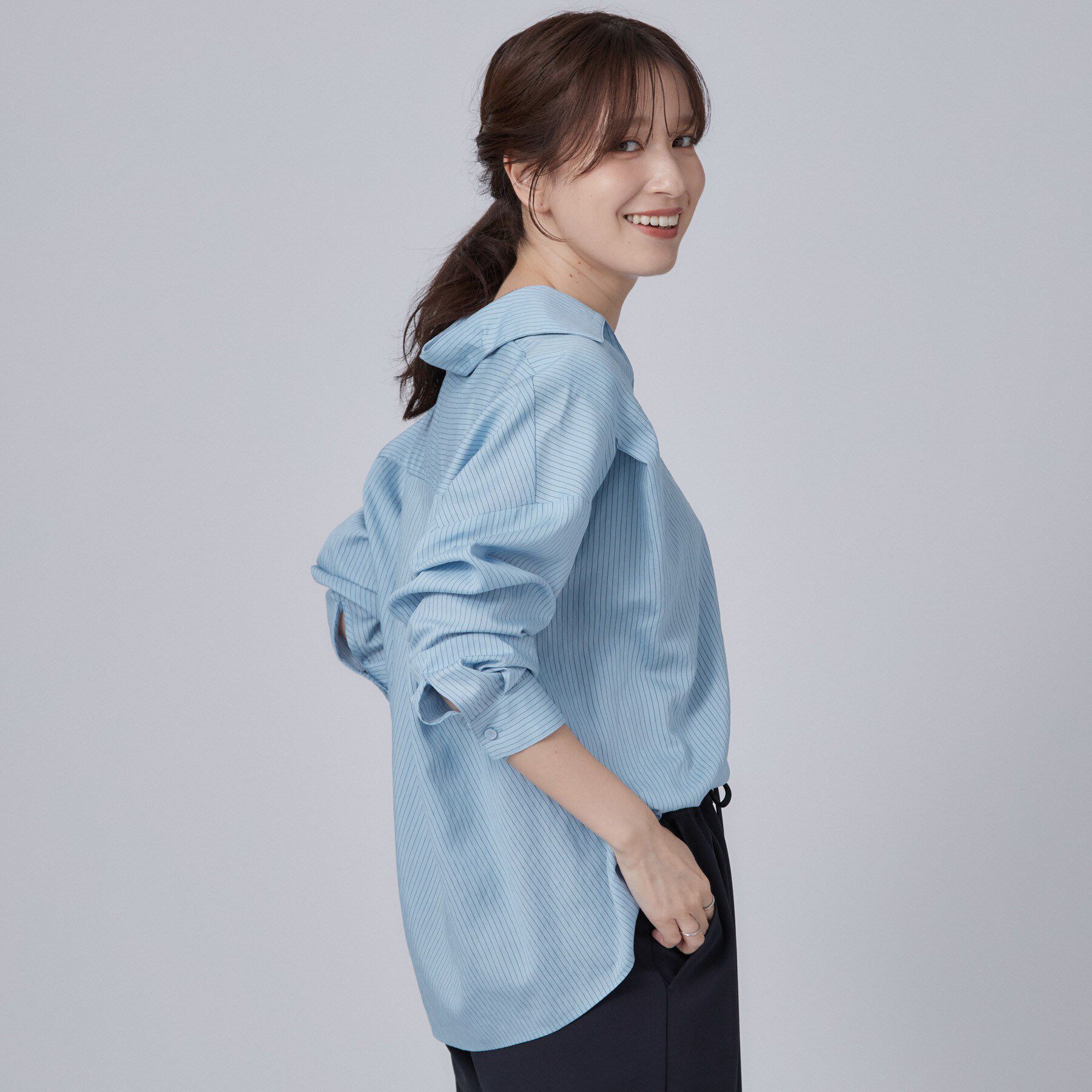 SHOO･LA･RUE「【洗濯機可】インせず決まるAライン ストライプスキッパーシャツ」|シャツ・ブラウス|