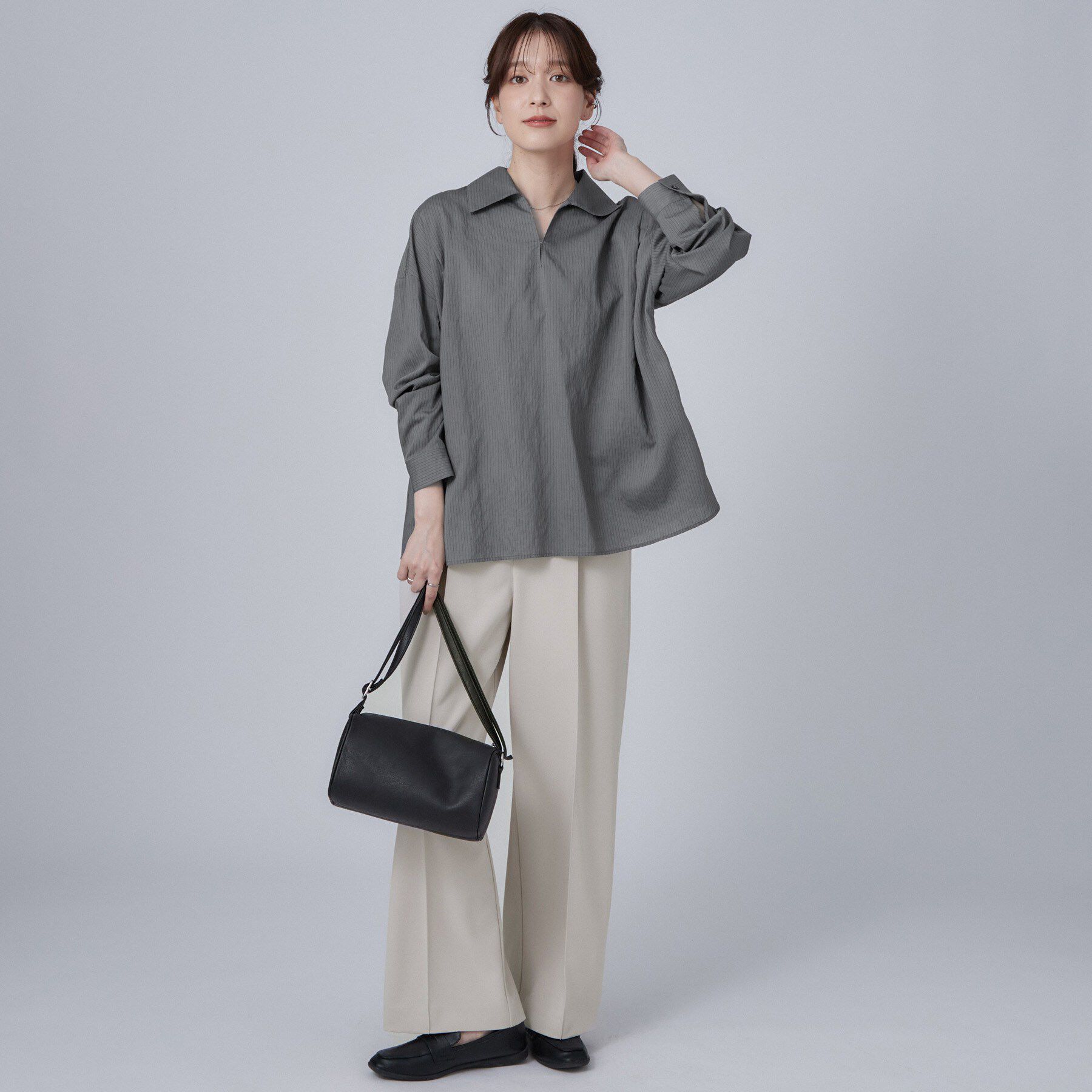 SHOO･LA･RUE「【洗濯機可】インせず決まるAライン ストライプスキッパーシャツ」|シャツ・ブラウス|