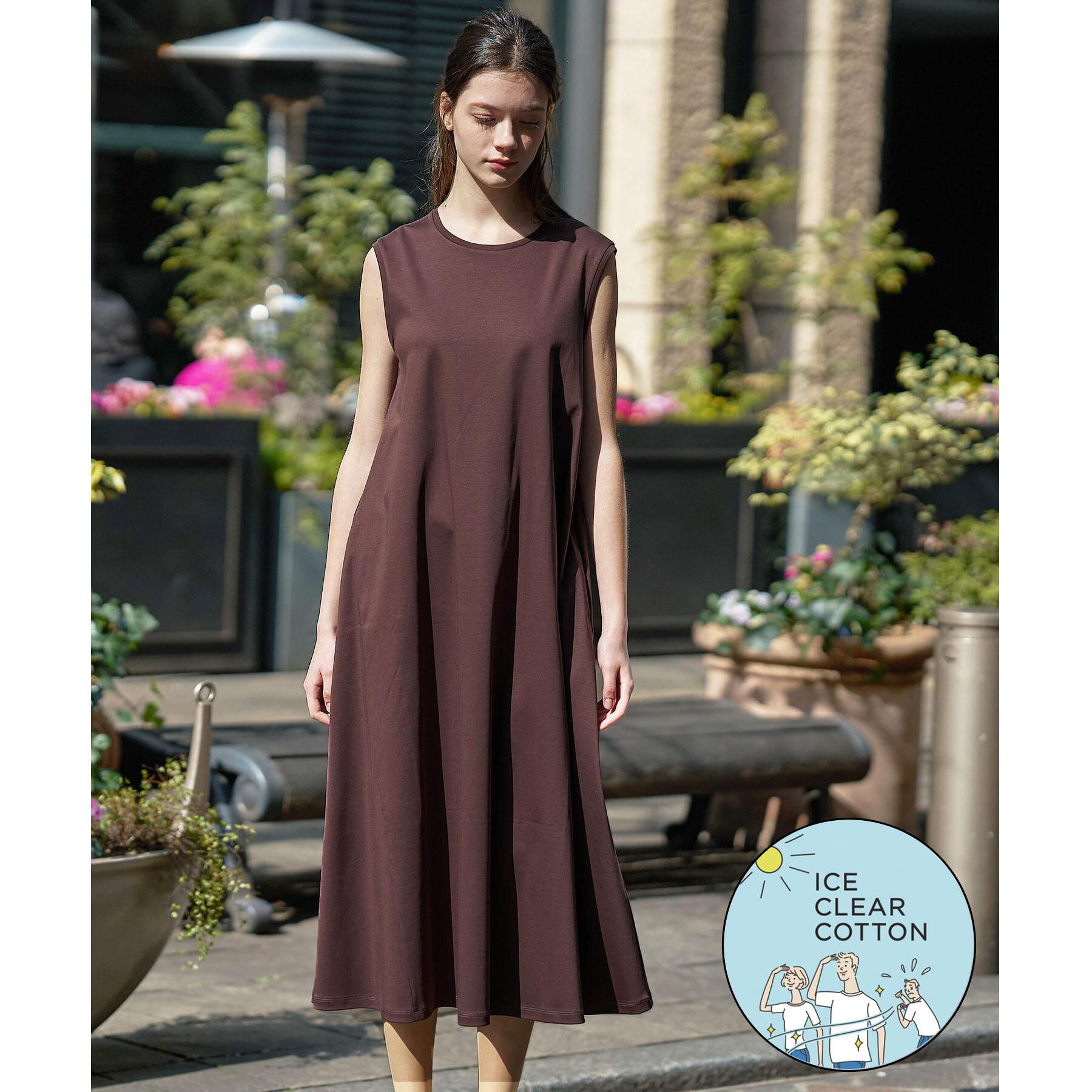 DRESSTERIOR「【接触冷感／抗菌防臭／消臭/ウォッシャブル】アイスクリアコットン フレンチスリーブワンピース」|ワンピース|ブラウン(044)