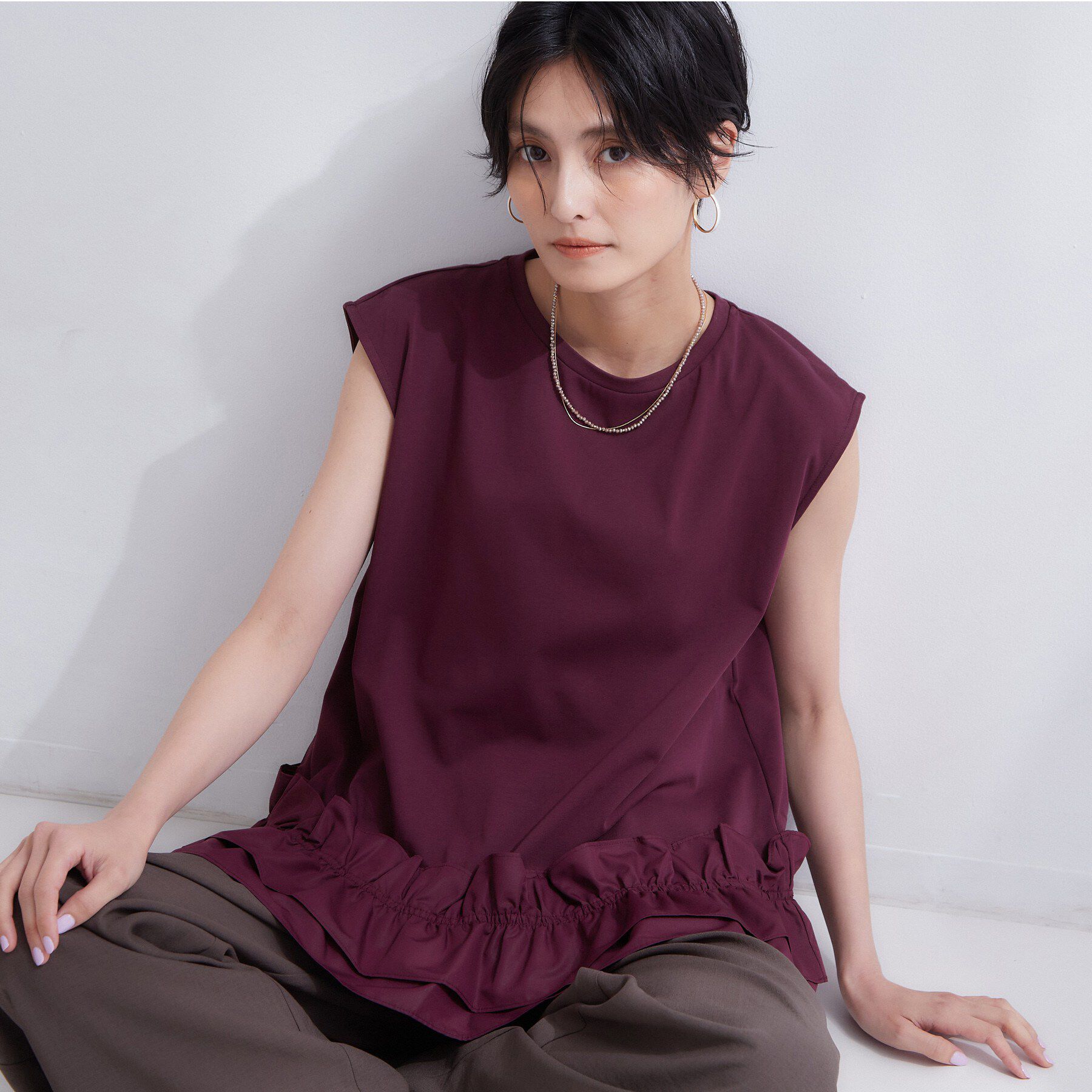 OPAQUE.CLIP「裾フリルドッキングカットソー【洗濯機OK】」|Tシャツ・カットソー|ボルドー(064)