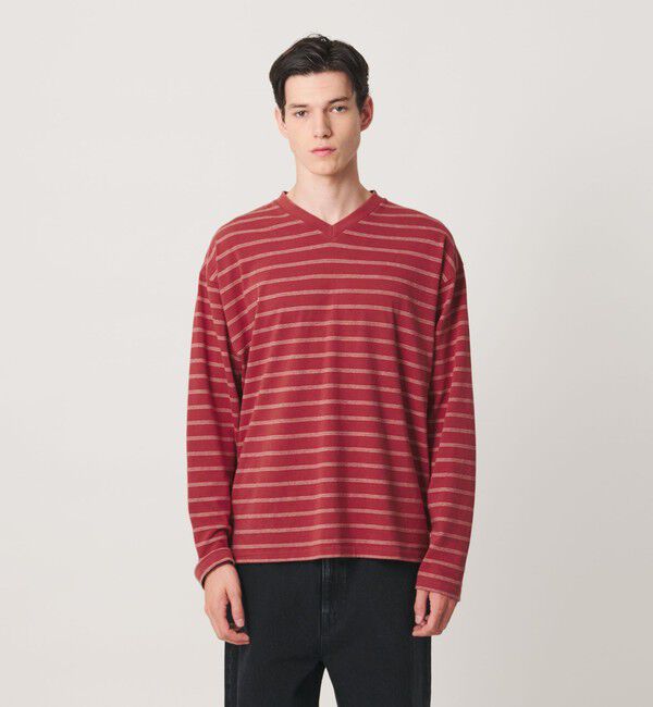 MONKEY TIME「ウォッシュド ボーダー Vネック ロングスリーブ Tシャツ」|Tシャツ・カットソー|RED