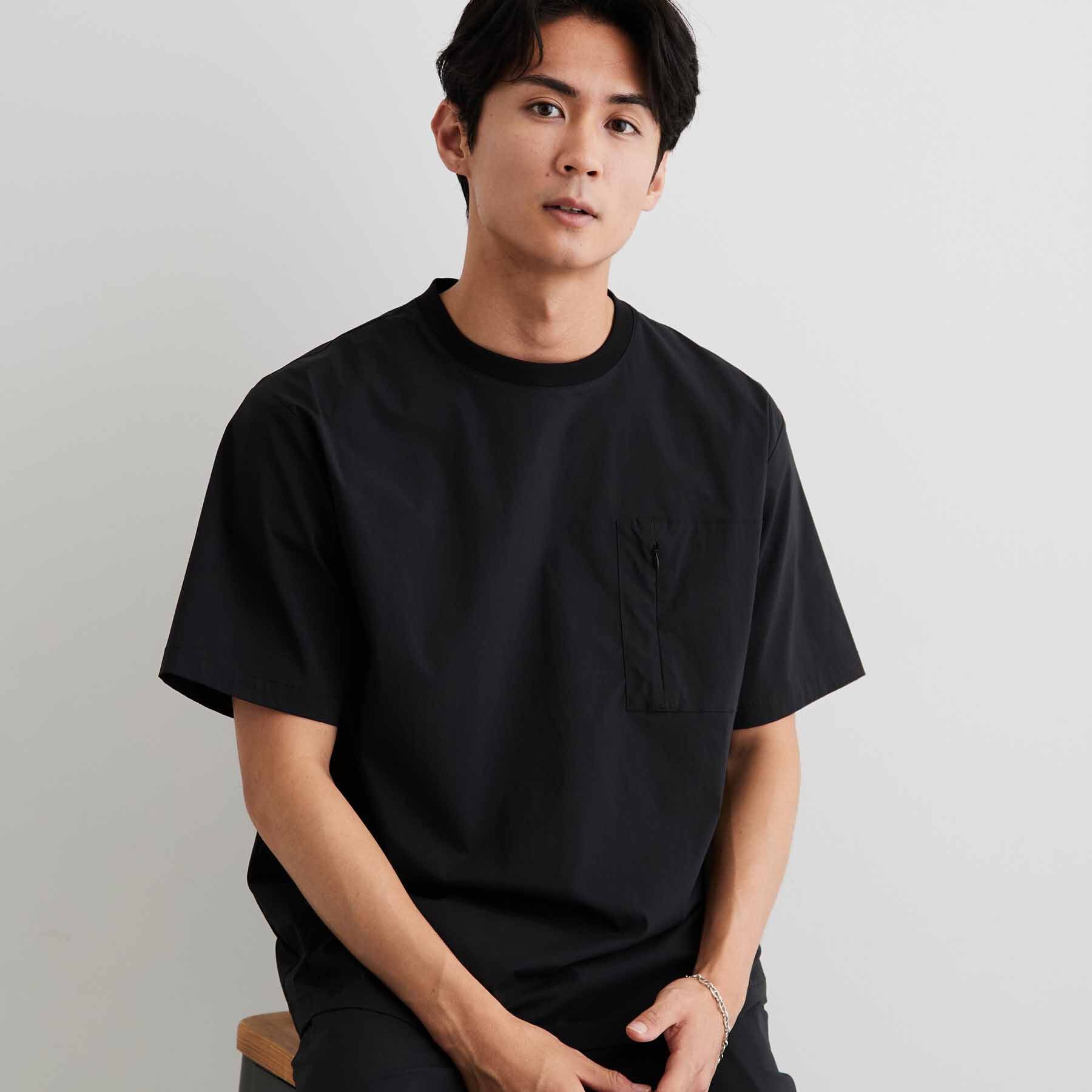 THE SHOP TK「【接触冷感/洗濯機OK／セットアップ可】ナイロンストレッチ半袖Tシャツ」|Tシャツ・カットソー|ブラック(019)
