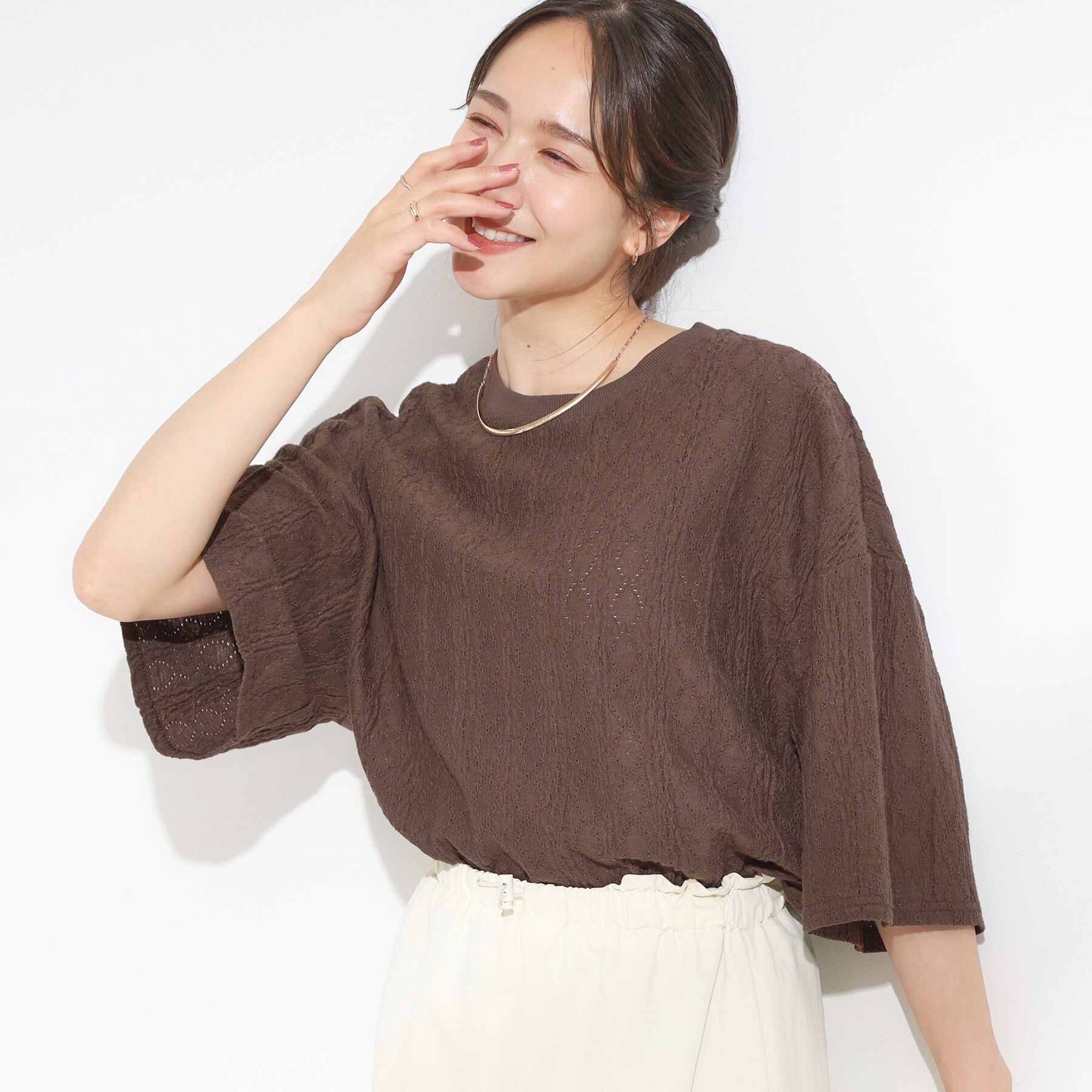 SHOO･LA･RUE「【5分袖】大人の魅力を惹きたてる レースカットソー」|Tシャツ・カットソー|ブラウン(043)