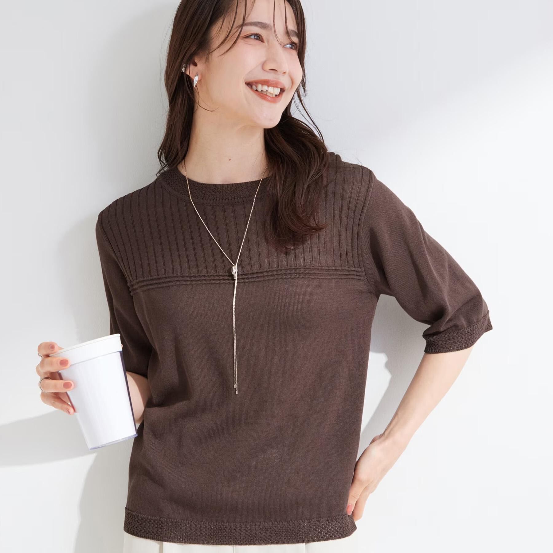 SHOO･LA･RUE「【S-LL/二の腕カバー】品よく決まる 5分袖デザインニット」|ニット・セーター|ブラウン(044)