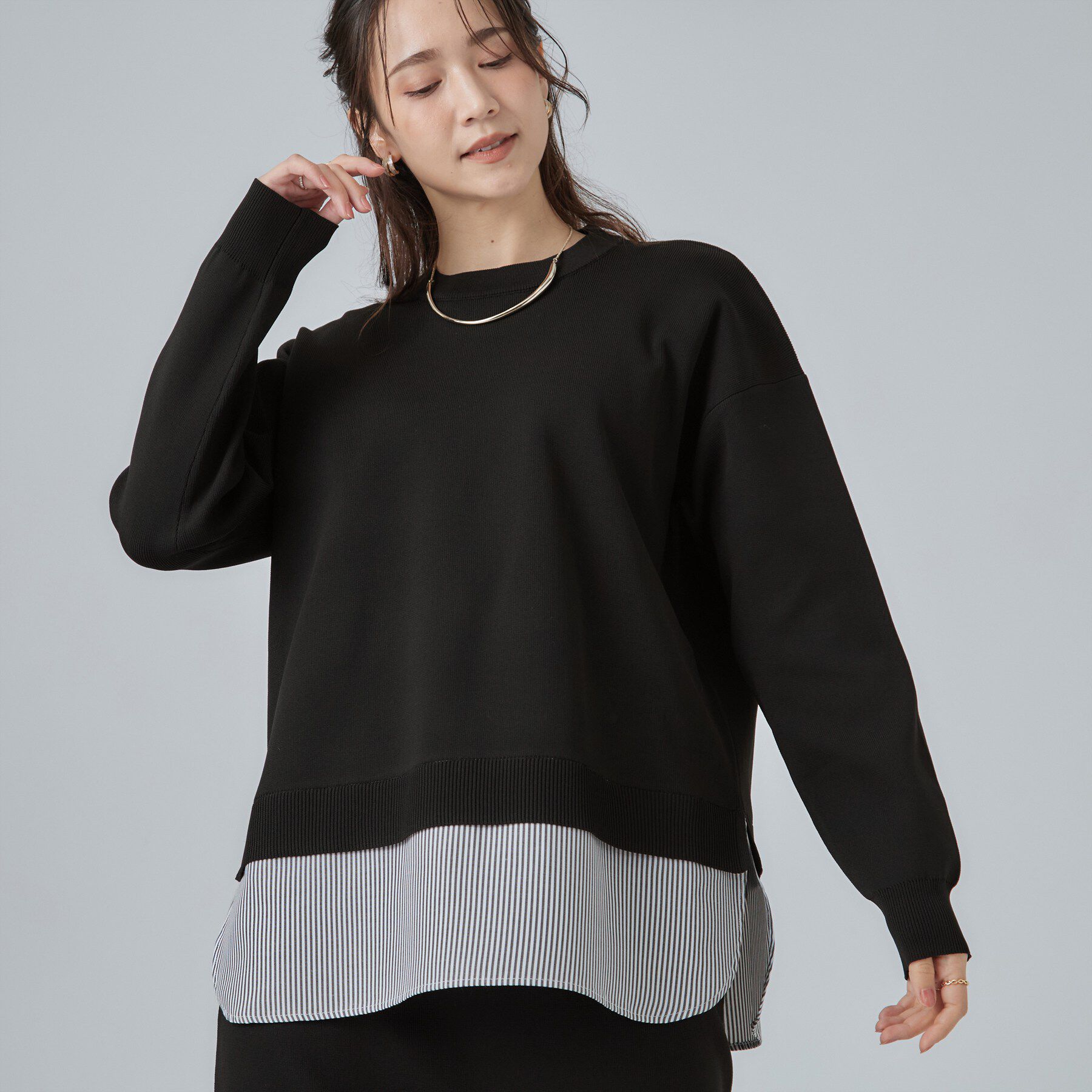 SHOO･LA･RUE「【S-LL】着るだけできまる シャツレイヤード風 スポンディッシュニット」|ニット・セーター|ブラック(019)