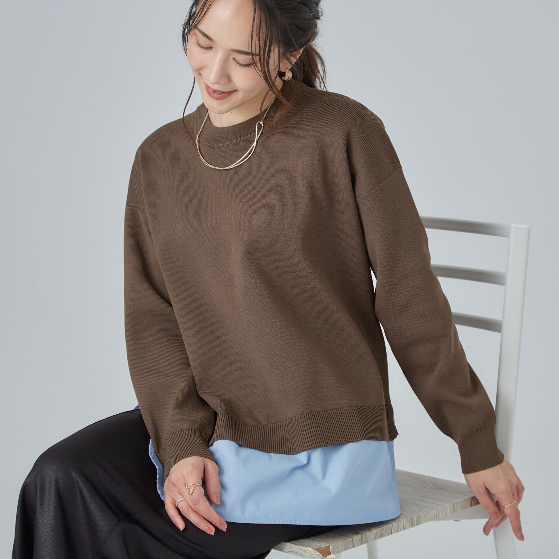 SHOO･LA･RUE「【S-LL】着るだけできまる シャツレイヤード風 スポンディッシュニット」|ニット・セーター|ブラウン(043)