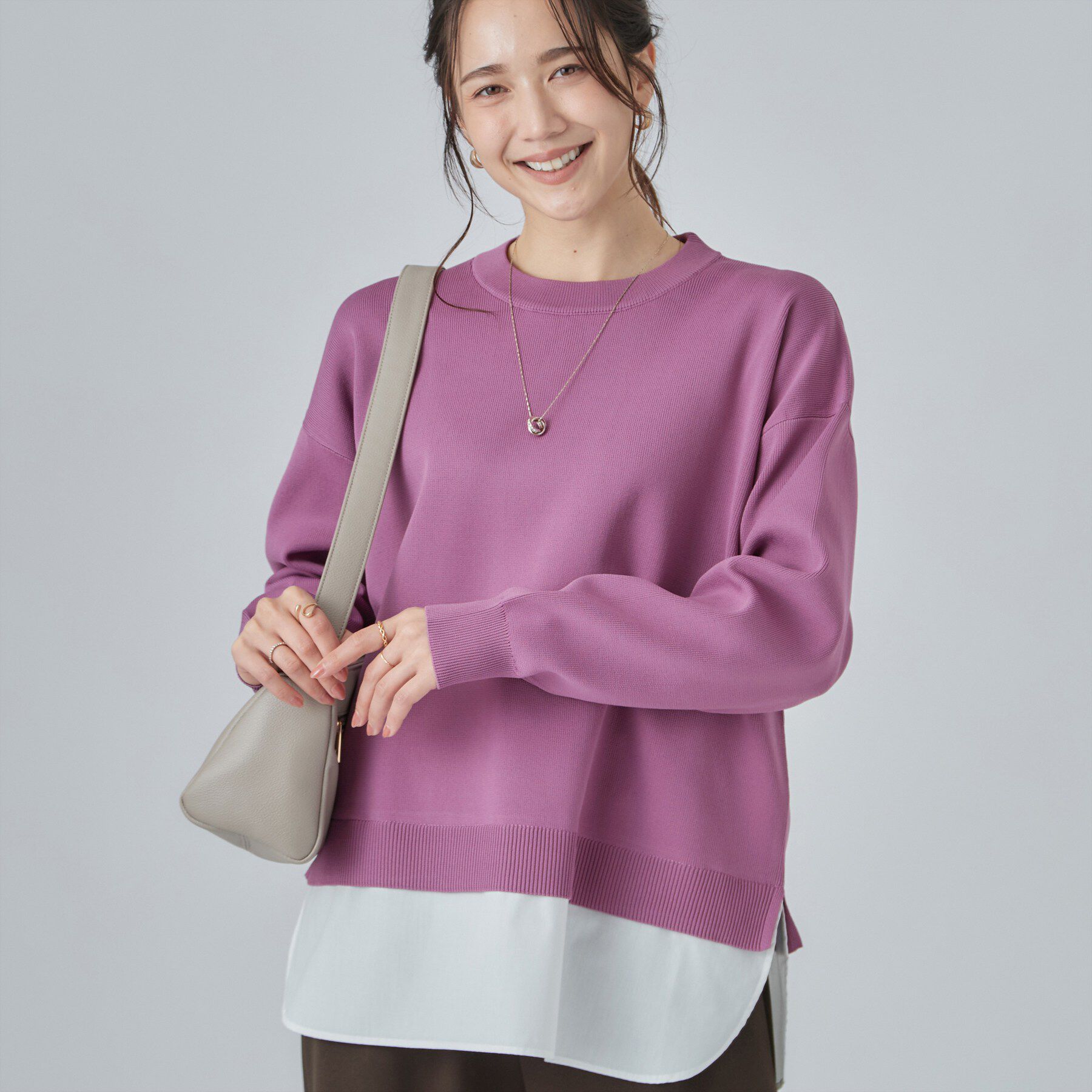 SHOO･LA･RUE「【S-LL】着るだけできまる シャツレイヤード風 スポンディッシュニット」|ニット・セーター|ピンク(874)