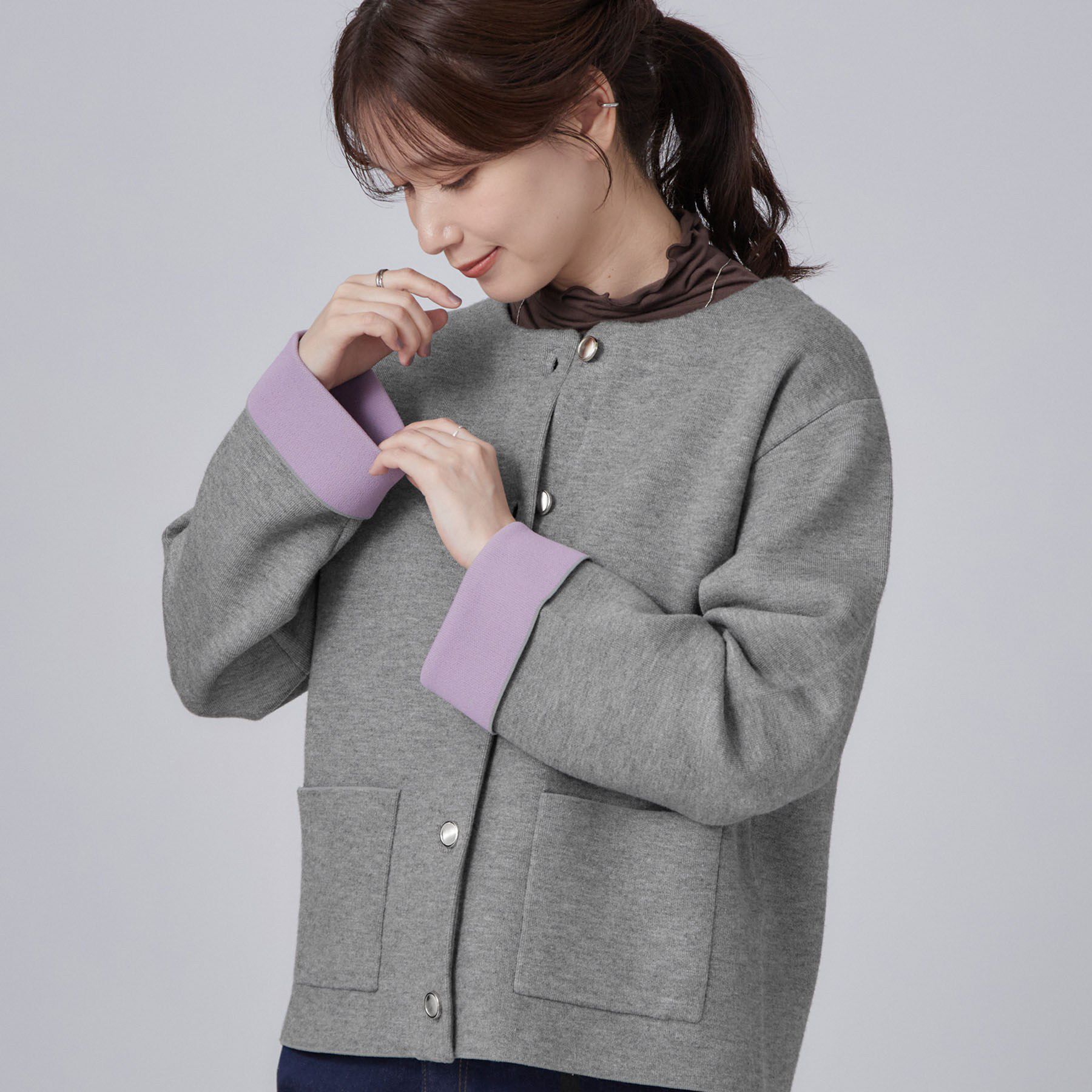 SHOO･LA･RUE「【S-LL/洗濯機可/静電気防止】もちもち配色ダブルフェイスカーディガン」|カーディガン|グレー(012)