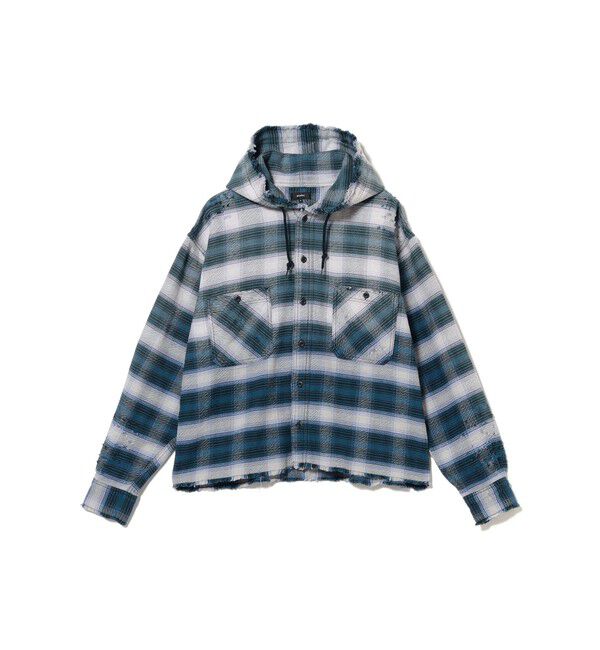 BEAMS「ダメージ フード チェック シャツ【ワイドショートフィット】」|シャツ・ブラウス|