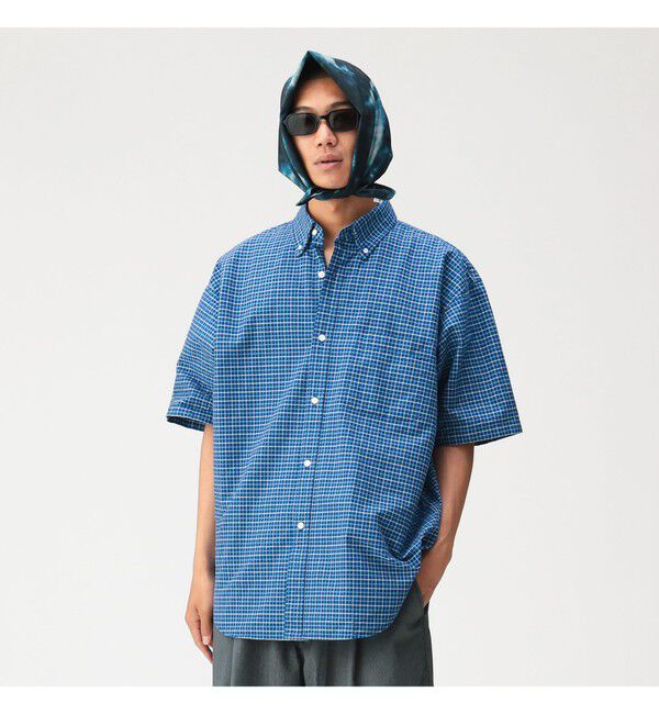 BEAMS「オックスフォード ボタンダウンシャツ 5分丈【ワイドフィット】」|シャツ・ブラウス|BLUE_CHK