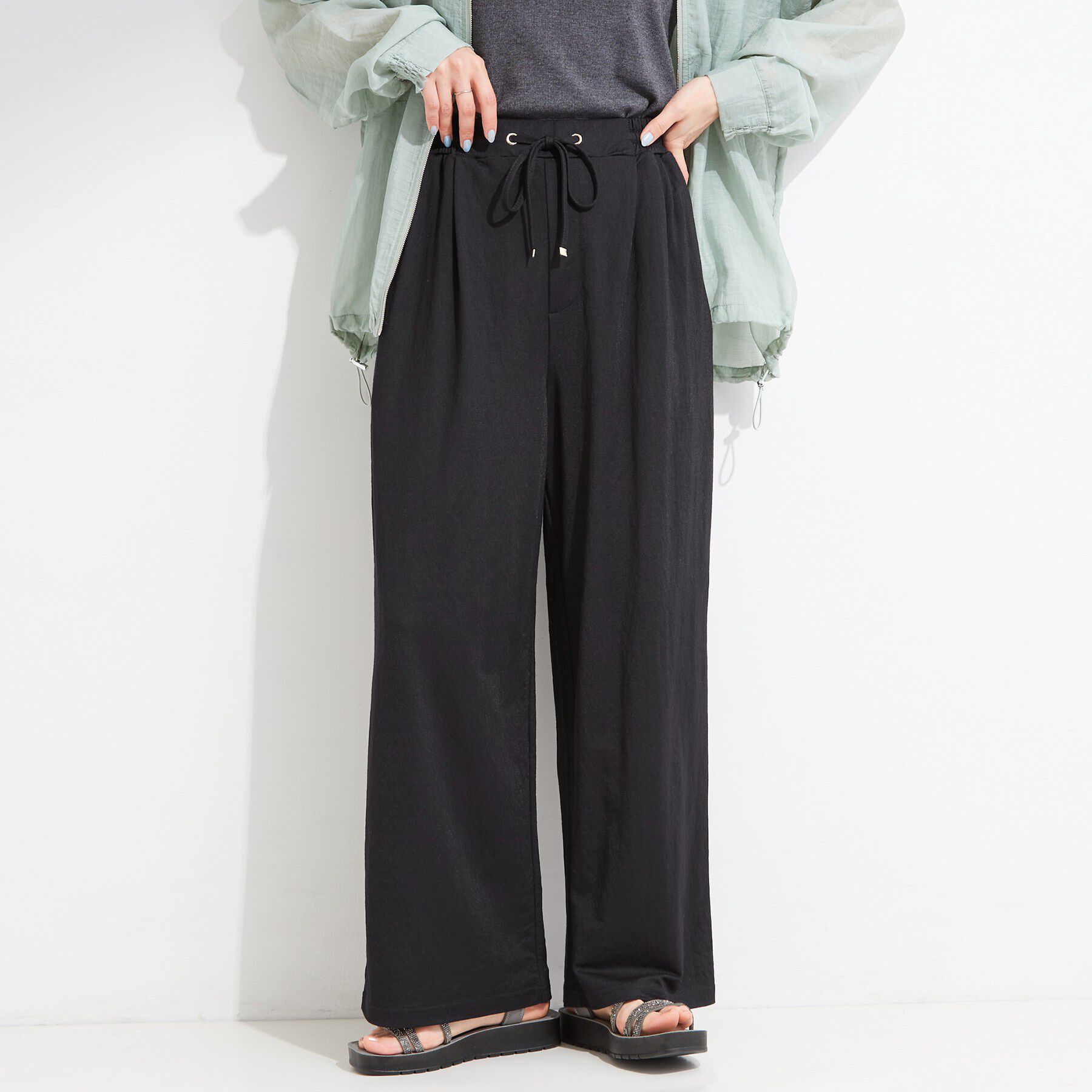 SHOO･LA･RUE「【S-LL/洗濯機可】カノコ編みでさらっと快適 リラックスワイドパンツ」|その他|ブラック(019)